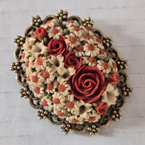 Vtg Rose Bouquet Celluloid Brooch Gold-Tone Filigree Art Deco Sculpted Floral